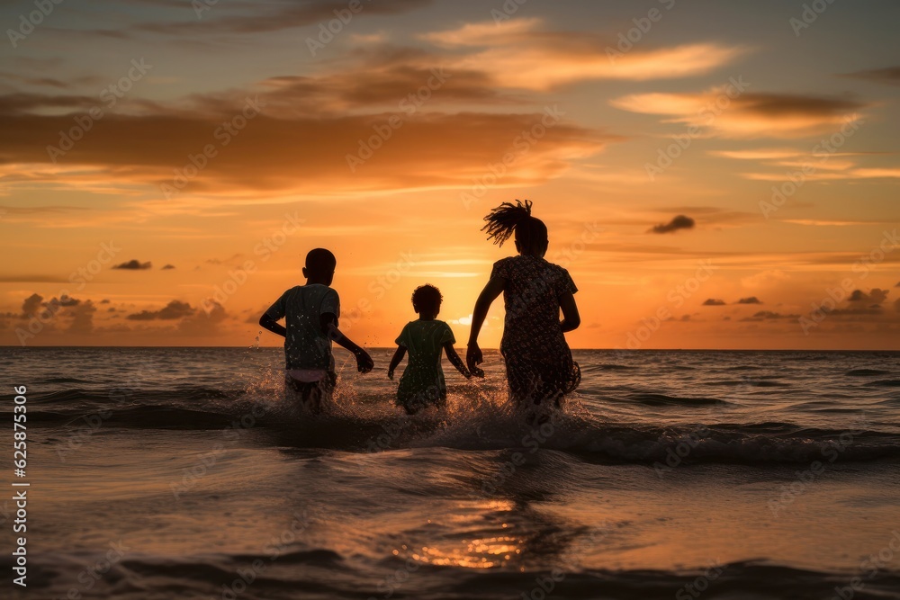 Happy African family mom and her kids run into the sea together. beach at summer sunset rear view. incomplete family. Family with child enjoy outdoor lifestyle vacation at the sea
