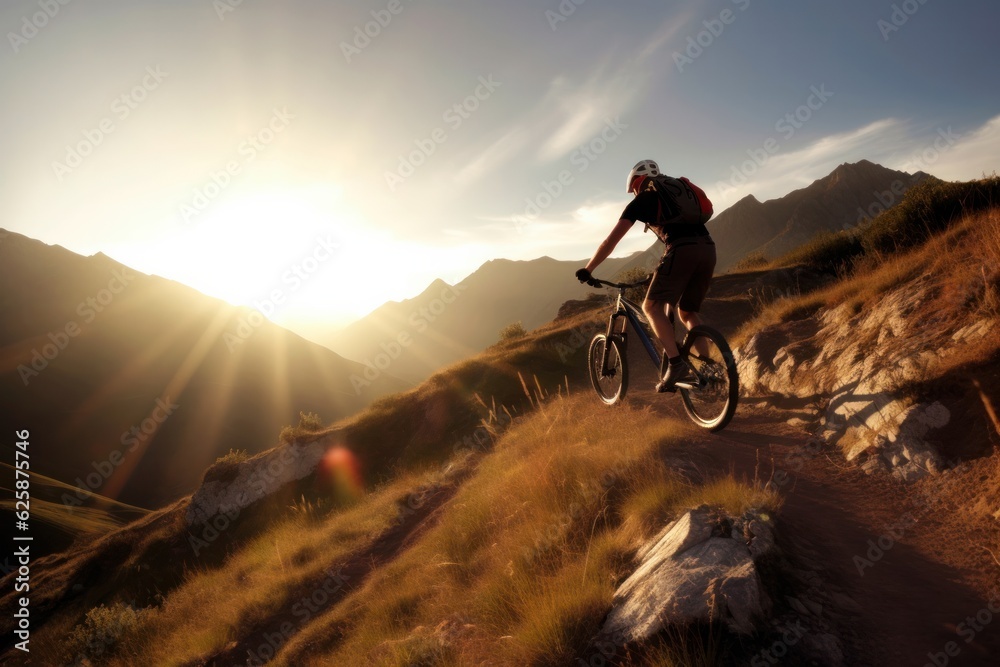 Fototapeta premium Silhouette of a mountain biker enjoying downhill during the sunset. Cyclist silhouette on the hill beautiful colorful sky and clouds in the background.