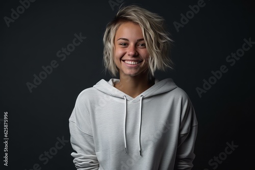 Portrait of a beautiful girl in a white sweatshirt on a dark background photo