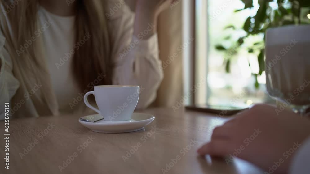 Two women discussing business projects or last news in a cafe while having coffee, close-up. Two women discussing business projects or last news in a cafe while having coffee, close-up.