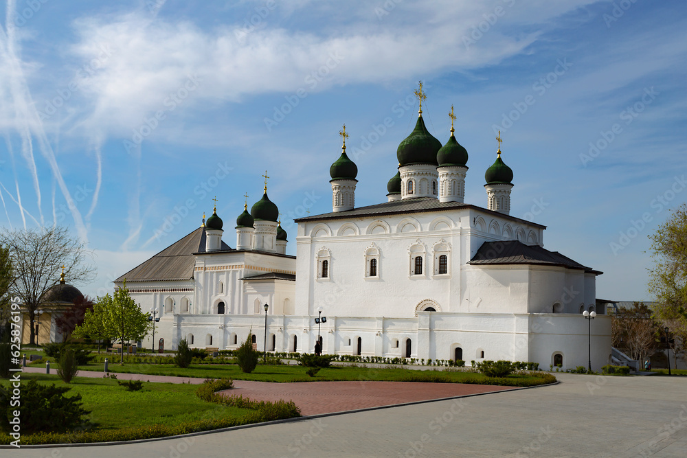 View of the Astrakhan Kremlin with the Trinity Cathedral and the churches of the Presentation of the Lord and the Entry into the Temple of the Most Holy Theotokos. Astrakhan, Russia
