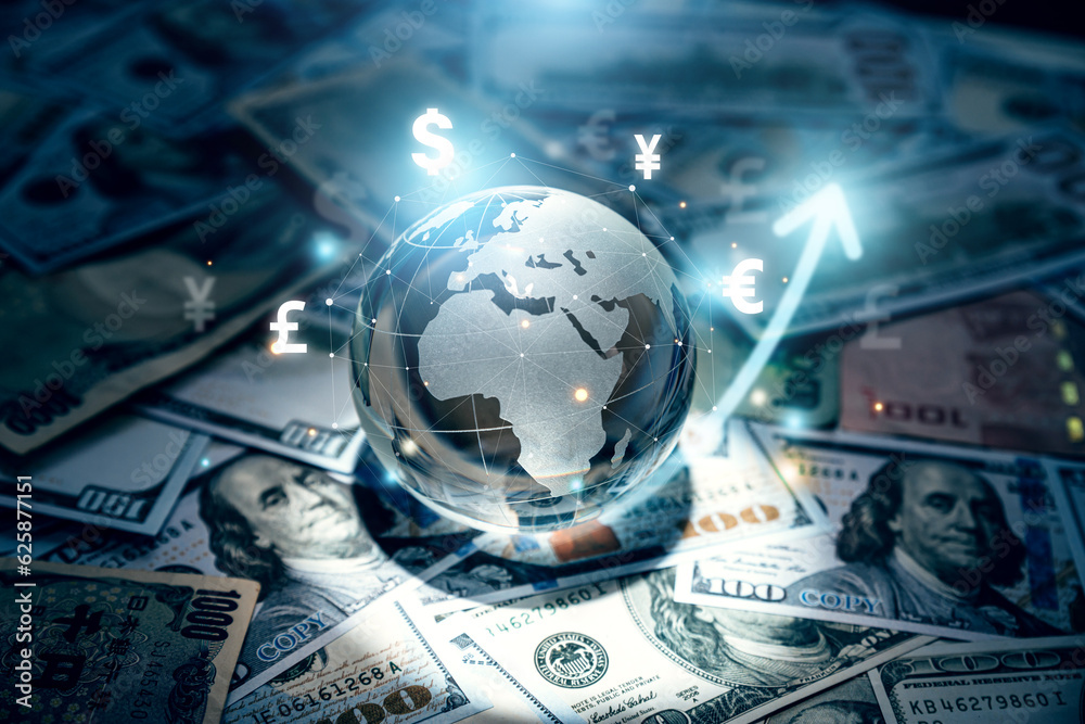 Crystal globe on many currency, World bank, Money transfers and