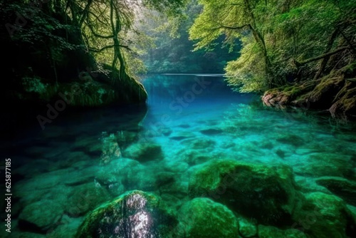 Amazing pond in tropical rainforest forest with mountain rocks peak Beautiful water surface