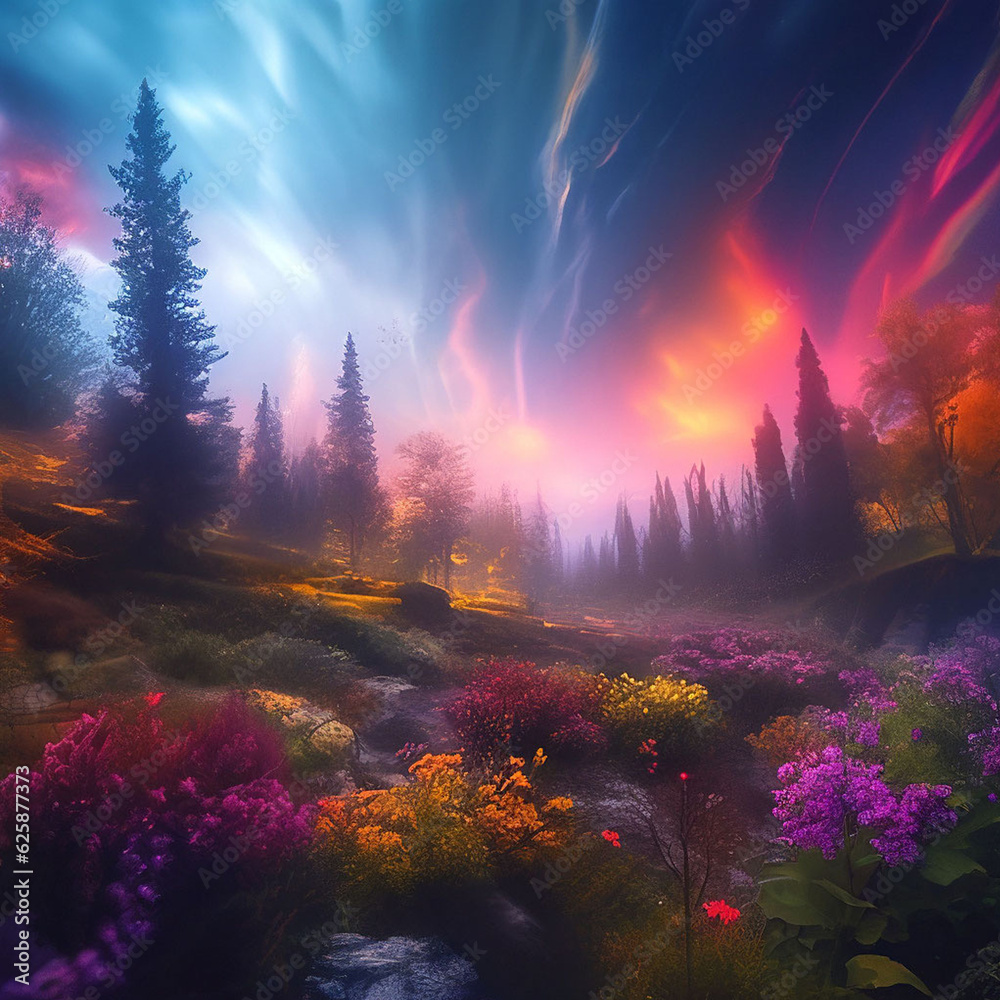 Fantasy landscape with trees, fog and flowers. Digital painting.