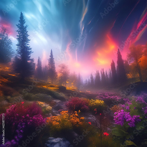 Fantasy landscape with trees  fog and flowers. Digital painting.
