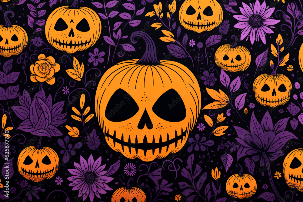 Halloween risograph print style pattern with jack o lanterns pumpkins and flowers, purple, orange and black colors, AI generated