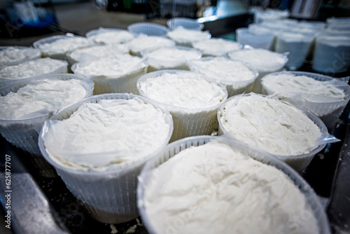 Fresh made italian cheese ricotta in a salt water bath top view.
Process of making fresh white soft ricotta whey cheese early morning on small cheese farm in Sicily, Italy.