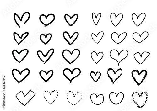 Big set of hand writting hearts. Line web icon set. Outline icons collection. Simple vector illustration. Heart, love.