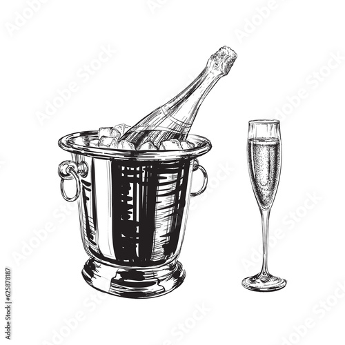 Champagne bottle and glass illustration. Party. 
