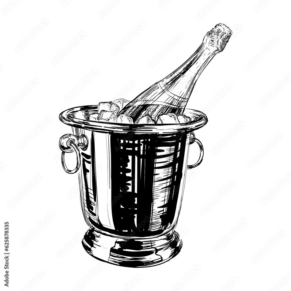 Champagne Bottle Bucket Hand Drawing Illustration Bubbles Alcoholic Drink Stock Illustration 5262