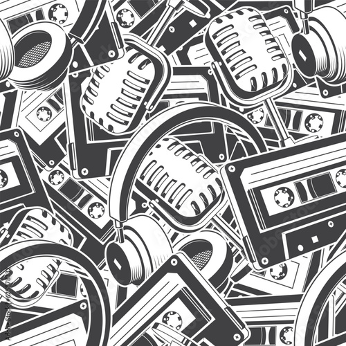 Cassette Tape Seamless, headphones and Retro vintage microphone pattern or background in monochrome silhouette. Vector illustration. Seamless pattern with silhouette with old-fashioned analog mixtapes