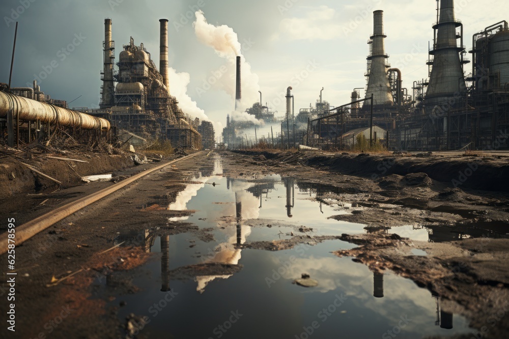 Sprawling Oil Refinery With Towering Steam, Generative AI