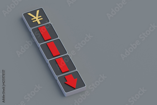 Currency rate. Yuan, yen symbol and red arrow on buttons. Money appreciation concept. Default and bankruptcy. Decrease in foreign exchange reserves. Falling prices. 3d render