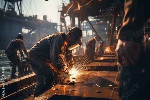  Shipyard With Workers Welding And Constructing, Generative AI photo