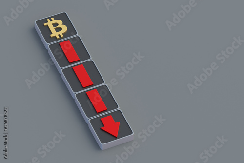 Currency rate. Bitcoin symbol and red arrow on buttons. Money appreciation concept. Default and bankruptcy. Decrease in foreign exchange reserves. Falling prices. 3d render