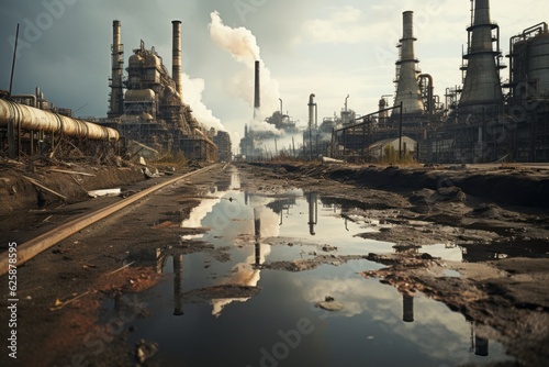 Sprawling Oil Refinery With Towering Steam, Generative AI