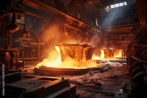 Steel Mill With Molten Steel Being Poured, Generative AI