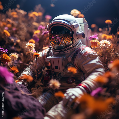 Astronaut Amidst Blooming Flowers: Cosmic Adventure in a Space-Themed Bed with Serene Floral Beauty, Intergalactic Exploration, and Tranquil Solitude