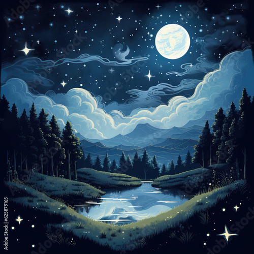 night sky and clouds,night moon and stars,illustration of a moonlit night with stars 