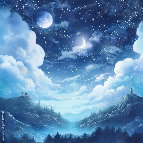 night sky and clouds,night moon and stars,illustration of a moonlit night with stars 
