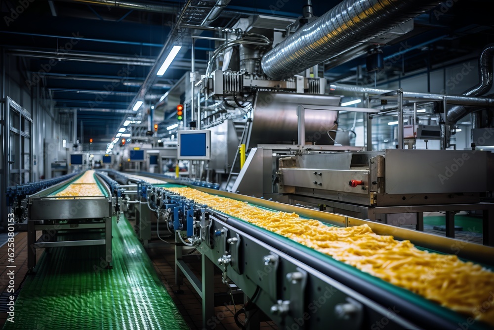 Food Processing Facility With Conveyor Belt, Generative AI
