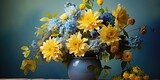 Serene Harmony: A Captivating Bouquet of Blue Hydrangeas and Yellow Asters Against a Lush Floral Background Generative AI Digital Illustration