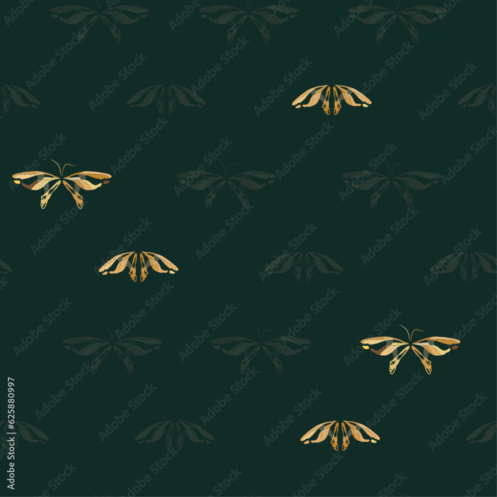 Seamless Pattern with Golden Butterflies on Dark Green Background