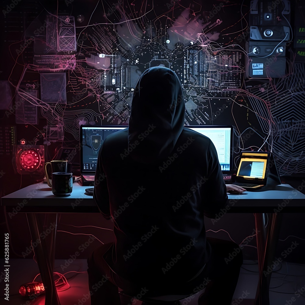 Hooded hacker orchestrates a daring cyber attack, cyber security, cyber defense. Generative AI Hooded hacker orchestrates a daring cyber attack, cyber security, cyber defense. Generative AI