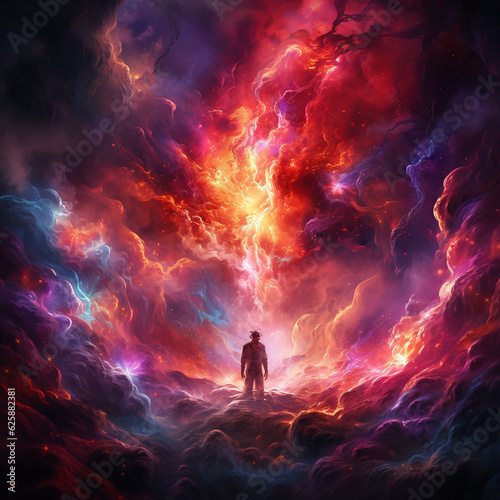  A Stunning Illustration of a Person Standing in Front of a Huge and Violent Storm with Colorful Lightning and Clouds