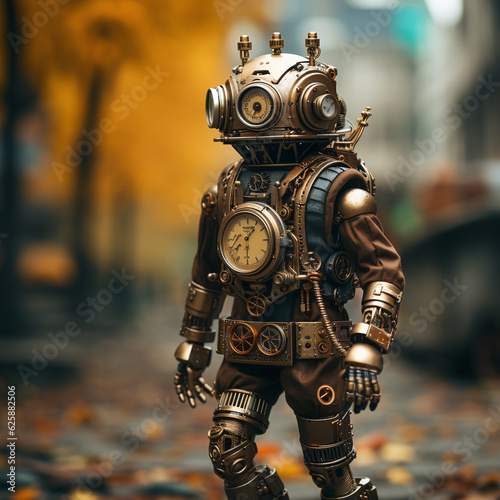 A Cute and Tiny Robot Humanoid Standing in a Grungy Mechanical Steampunk Aesthetic Photo © Raghav