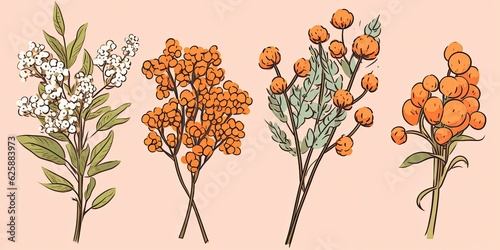 Hand-drawn Cartoon Bouquets with Rowan Branches- Explore a delightful set of hand-drawn cartoon bouquets featuring charming illustrations of rowan branches and leave Generative AI Digital Illustration