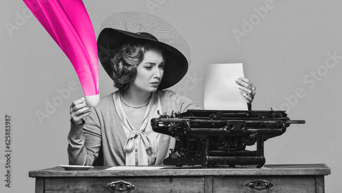 Black and white portrait of retro woman typing letter on retro typewriter with bright drawings. Contemporary art collage. Concept of vintage, eras comparison, ad