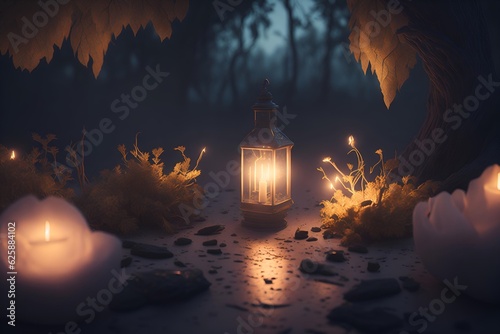 find the pease of light conceft art - a lantern and some candles on a table photo