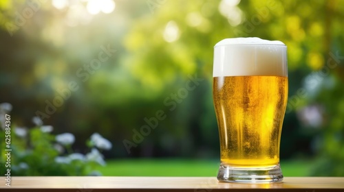 Fresh cold beer in a glass against green garden background. Oktoberfest concept. Generative AI