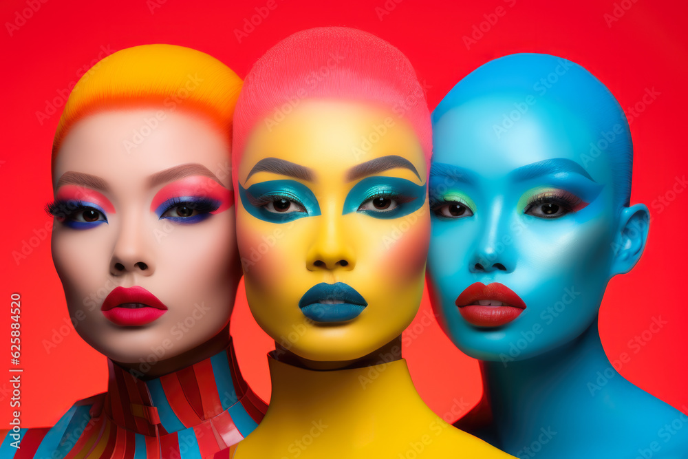 Three women on colorful make up fashion. Concept image on fashion and makeup. Generative AI Three women on colorful make up fashion. Concept image on fashion and makeup. Generative AI