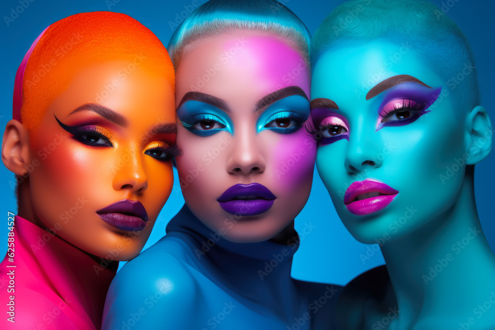 Three women on colorful make up fashion. Concept image on fashion and makeup. Generative AI Three women on colorful make up fashion. Concept image on fashion and makeup. Generative AI