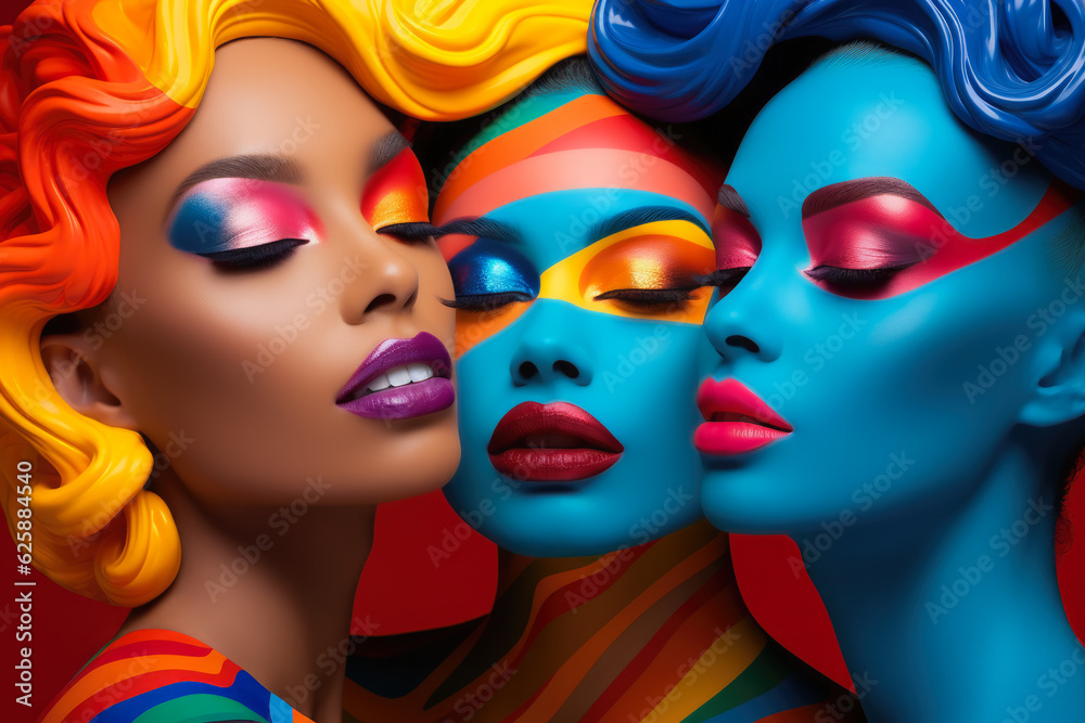Three women on colorful make up fashion. Concept image on fashion and makeup. Generative AI