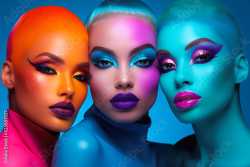 Three women on colorful make up fashion. Concept image on fashion and makeup. Generative AI