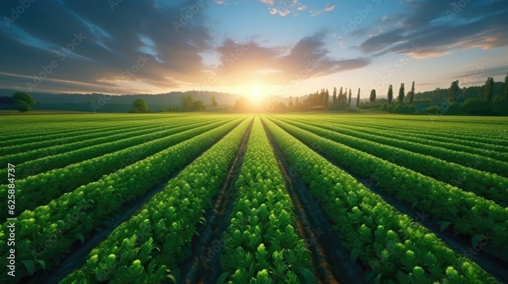 Green agricultural carrot field at sunset. Generative AI