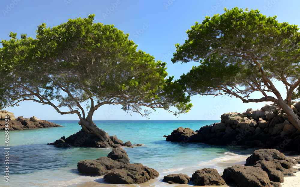 Relaxing scenic beach spring summer by green foliage of trees and rocks view on seaside Relaxing scenic beach spring summer by green foliage of trees and rocks view on seaside