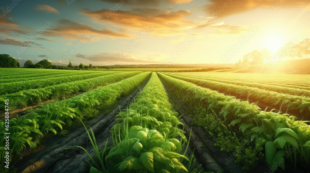 Green agricultural carrot field at sunset. Generative AI