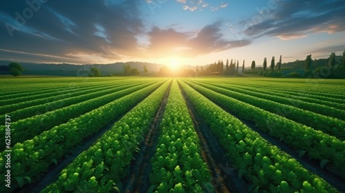 Green agricultural carrot field at sunset. Generative AI