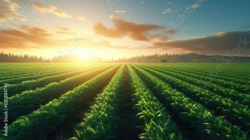 Green agricultural carrot field at sunset. Generative AI