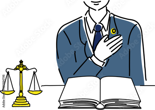 天秤と六法全書と男性弁護士のシンプル線画イラスト