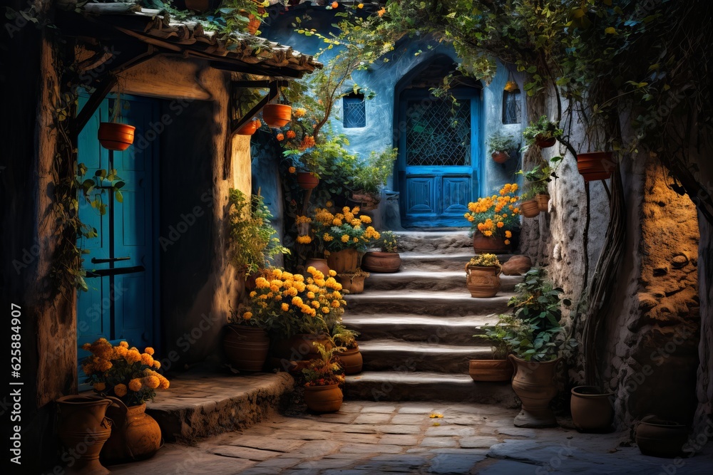 Fototapeta premium stairs leading to the door with a garden of potted plants around it. Generative Ai