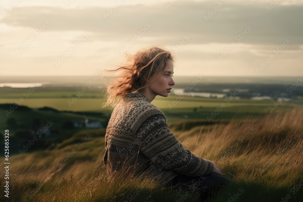 Mature woman in Fair Isle sweater overlooking Møn countryside in storm light. Photo generative AI Mature woman in Fair Isle sweater overlooking Møn countryside in storm light. Photo generative AI