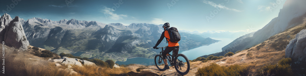 cyclist at the edge of the cliff and mountain view