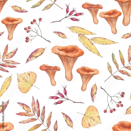 Seamless pattern with berries fall leaves and chanterelle mushrooms on white background. Watercolor illustration drawn by hand. Autumn Gifts. Design for wrapping paper and textile.