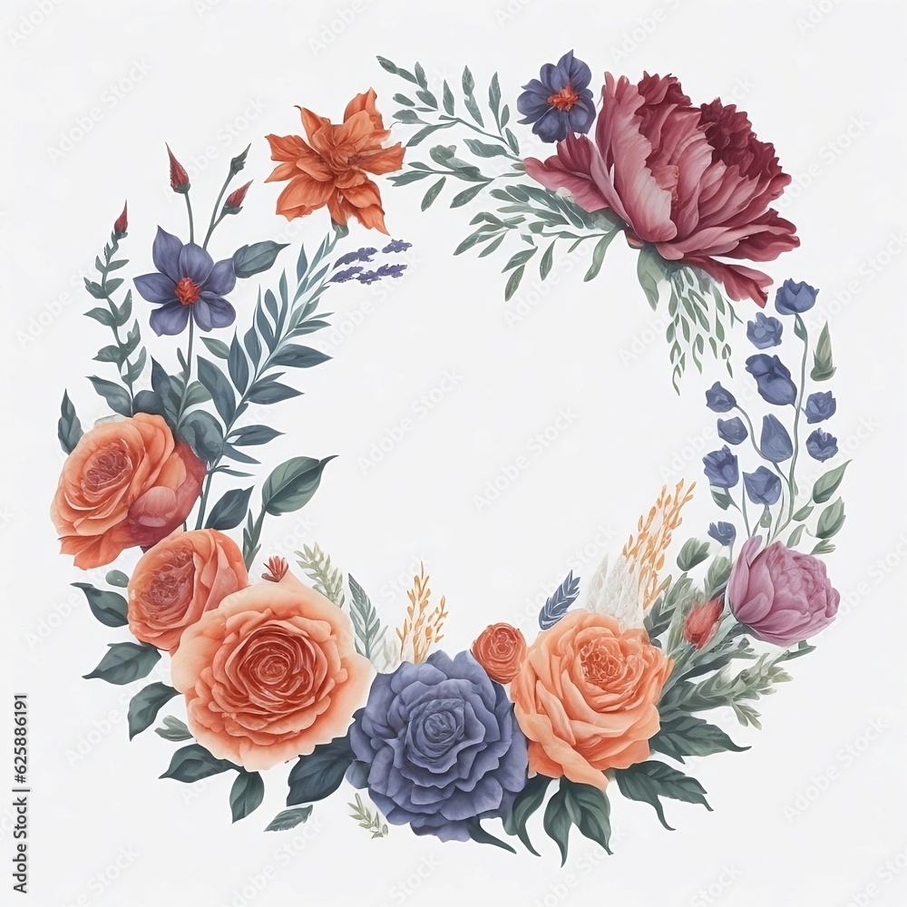Obraz premium Wreaths, floral frames, watercolor flowers pink roses, Illustration hand painted. Isolated on white background. Perfectly for greeting card design,round flower, floral round, round floral