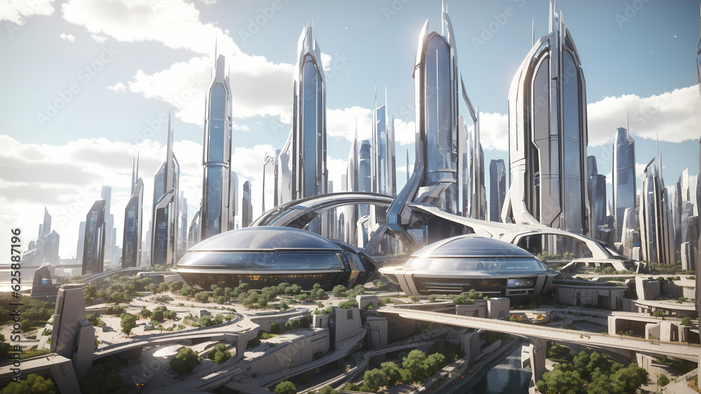 Naklejka premium Futurescape: Captivating Images of Futuristic Skyscrapers and Urban Marvels